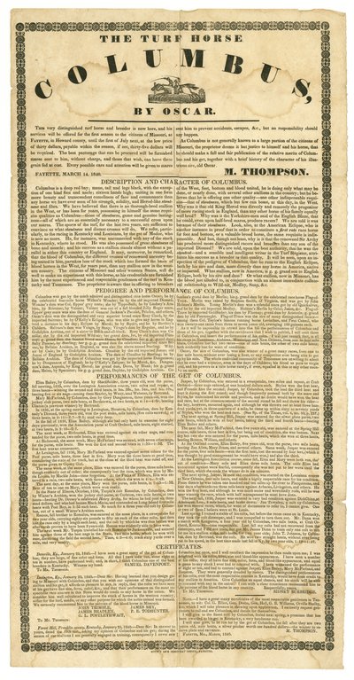 Stud Horse Poster Offering Turf Horse Columbus, Fayette, Mo., March 14, 1840 by Boon Democrat